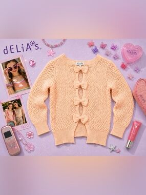 Vintage Y2K dELiA*s Peach Pink Pointelle Bow Back Sweater S NWOT
